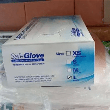 BISA COD Handscoon Latex Ukuran L Safegloves Powdered Warna Putih Sarung Tangan Latex 100pcs murah di Perkasamedika Malang 01(1)